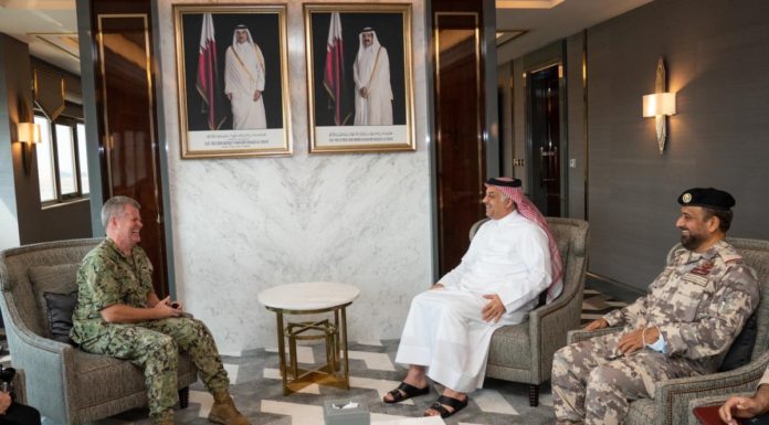 Dr.. Al-Attiyah reviews with the Commander of the Navy in the US Central Command military cooperation relations