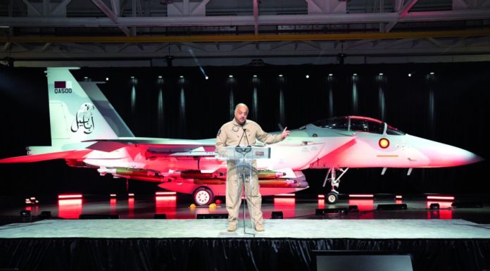 The Minister of State for Defense Affairs attends the inauguration ceremony of the Qatari F-15QA fighter plane in America